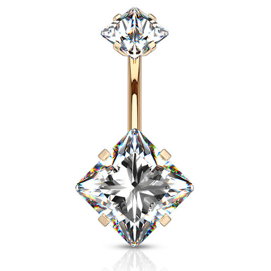 Internally Threaded Square Prong Set Belly Bar with Rose Gold Plating - Fixed (non-dangle) Belly Bar. Navel Rings Australia.