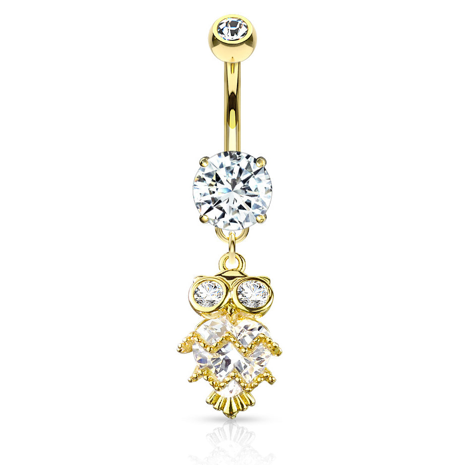 Glittering Midnight Owl Belly Bar with Gold Plating - Dangling Belly Ring. Navel Rings Australia.