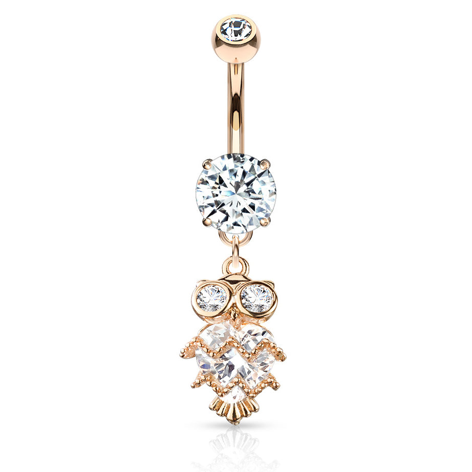 Glittering Midnight Owl Belly Bar with Rose Gold Plating - Dangling Belly Ring. Navel Rings Australia.