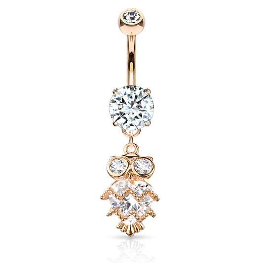 Glittering Midnight Owl Belly Bar with Rose Gold Plating - Dangling Belly Ring. Navel Rings Australia.