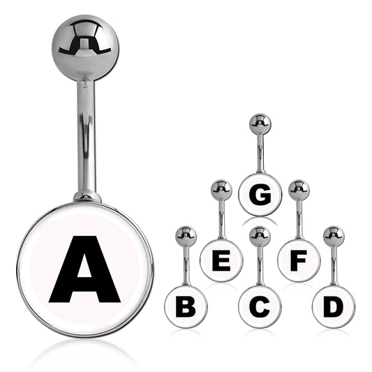 Printed Alphabet Letter Initial Belly Bars - Basic Curved Barbell. Navel Rings Australia.