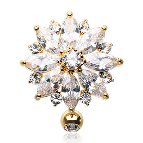 Golden Top Flower Navel Bar - Reverse Top Down Belly Ring. Navel Rings Australia.