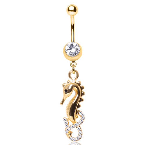 Dangling Gold Plated Seahorse Navel Bar - Dangling Belly Ring. Navel Rings Australia.