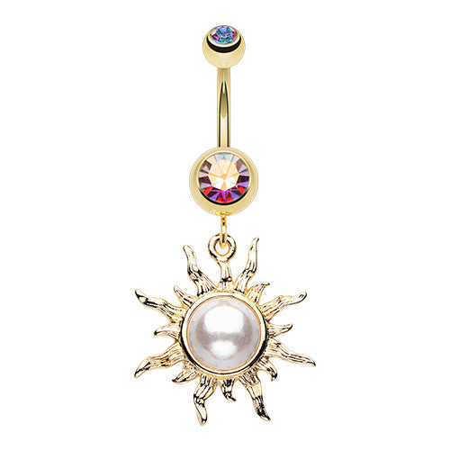 Golden Blazing Pearl Sun Navel Ring - Dangling Belly Ring. Navel Rings Australia.