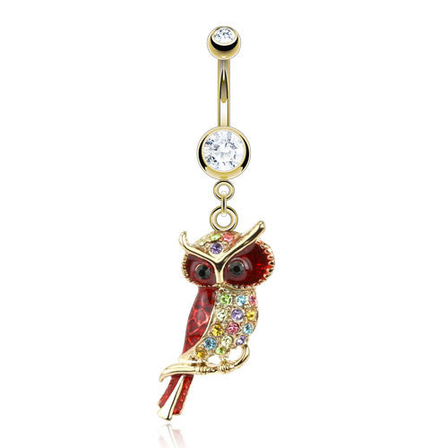 Velvet Red Owl Belly Bar with Gold Plating - Dangling Belly Ring. Navel Rings Australia.