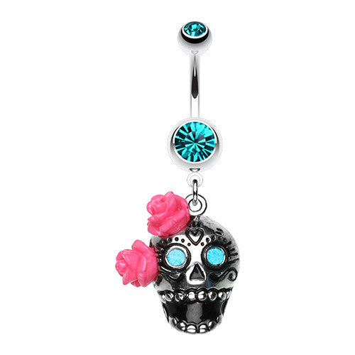 Floral Sugar Skull Dangly Belly Piercing - Dangling Belly Ring. Navel Rings Australia.