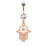 Hamsa Amulet Belly Bar with Rose Gold Plating - Dangling Belly Ring. Navel Rings Australia.