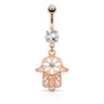 Hamsa Amulet Belly Bar with Rose Gold Plating - Dangling Belly Ring. Navel Rings Australia.