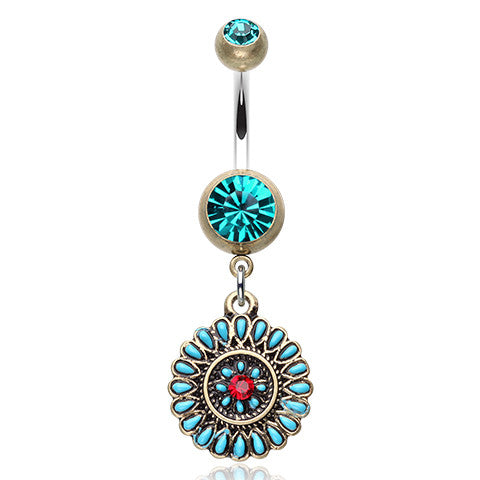 Turquoise Ruby Sahasrara Belly Button Bar - Dangling Belly Ring. Navel Rings Australia.