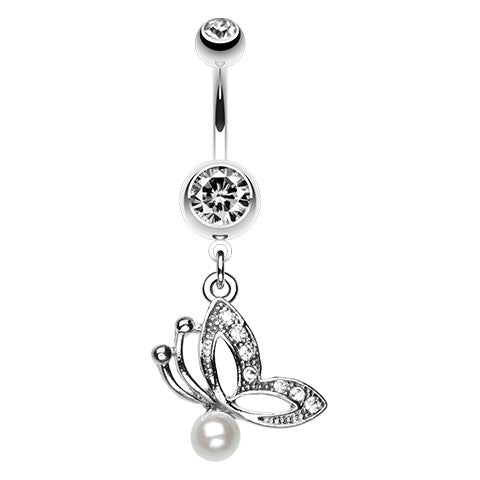 Pearl Droplet Butterfly Belly Button Ring - Dangling Belly Ring. Navel Rings Australia.