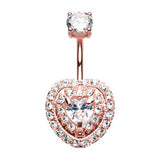 Rose Gold Royal Jeweled Heart Belly Button Bar - Fixed (non-dangle) Belly Bar. Navel Rings Australia.