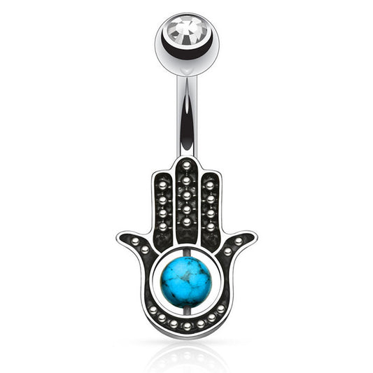Turquoise Spinning World Hamsa Piercing - Fixed (non-dangle) Belly Bar. Navel Rings Australia.