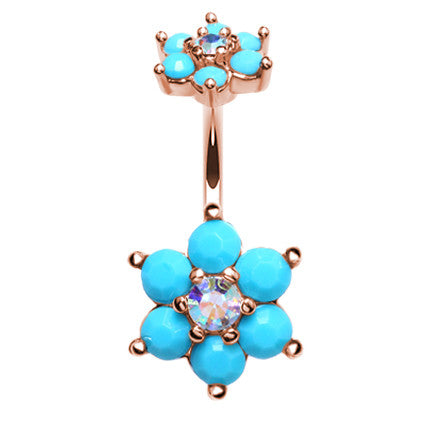 Split Turquoise Burst Belly Bar in Rose Gold - Split Spinal Belly Bar. Navel Rings Australia.
