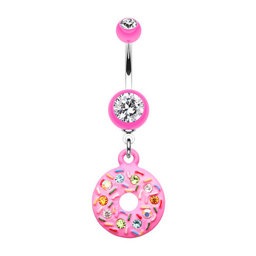 Pink Frosted Donut Dangly Navel Bar - Dangling Belly Ring. Navel Rings Australia.
