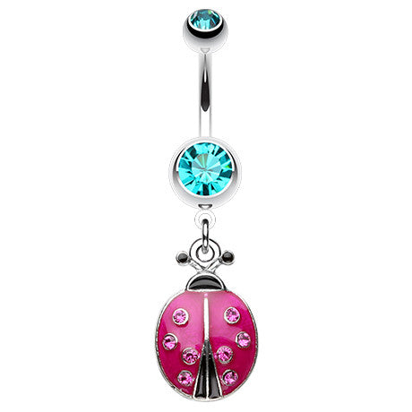 Vibrant Lady Bug Belly Button Bar - Dangling Belly Ring. Navel Rings Australia.