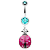 Vibrant Lady Bug Belly Button Bar - Dangling Belly Ring. Navel Rings Australia.