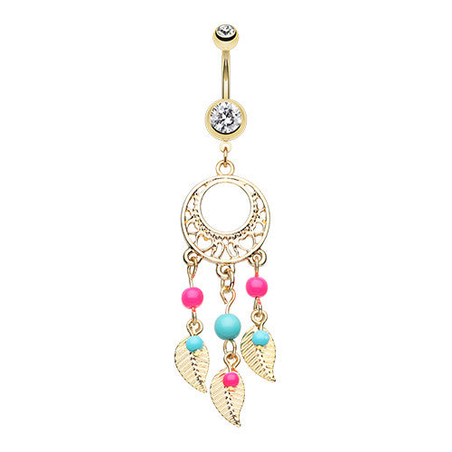 Gold Enchanting Dream Catcher Belly Piercing - Dangling Belly Ring. Navel Rings Australia.