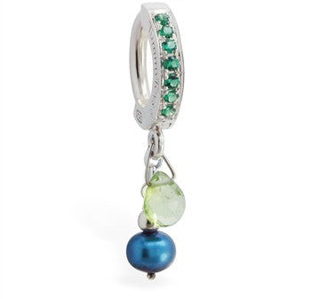 TummyToys® Peridot and Blue Pearl with Emerald Green CZ Clasp - TummyToys® Patented Clasp. Navel Rings Australia.