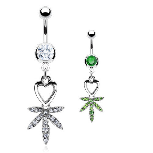 I Heart Pot Leaf Navel Bar - Dangling Belly Ring. Navel Rings Australia.