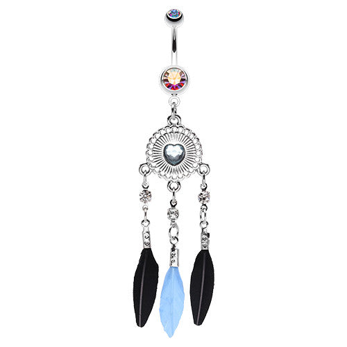 Shielded Heart Dream Catcher Navel Ring - Dangling Belly Ring. Navel Rings Australia.