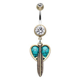 Boho Feathered Heart Belly Button Ring - Dangling Belly Ring. Navel Rings Australia.