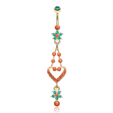 Golden Coral Heart Shakti Belly Bar - Dangling Belly Ring. Navel Rings Australia.
