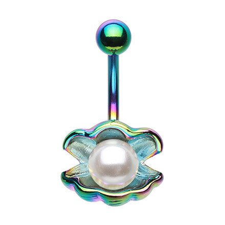 CiCi Clam Pearl Belly Ring in Titanium - Fixed (non-dangle) Belly Bar. Navel Rings Australia.