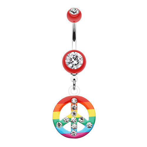Hippy Rainbow Peace Dangly Belly Piercing Ring - Dangling Belly Ring. Navel Rings Australia.