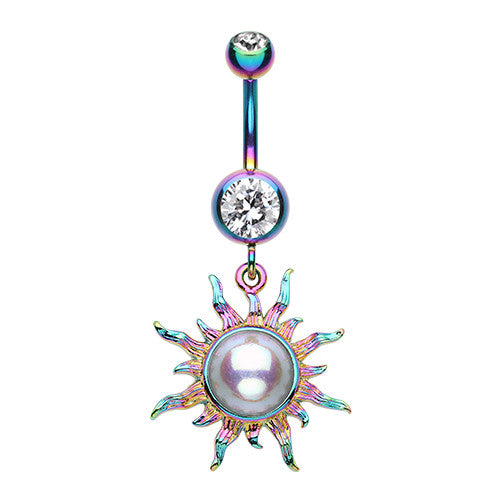 Rainbow Sunburst Pearl Belly Button Bar - Dangling Belly Ring. Navel Rings Australia.