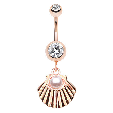 Rose Gold Pearled Shell Belly Piercing - Dangling Belly Ring. Navel Rings Australia.