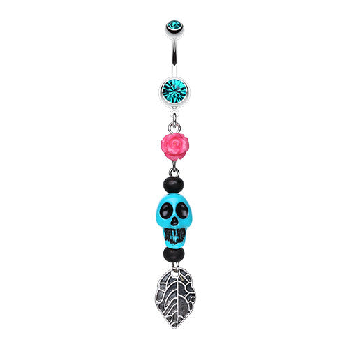 Punk Rose Skull Leaf Belly Piercing - Dangling Belly Ring. Navel Rings Australia.