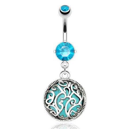 Turquoise Entrapped Filigree Belly Bar - Dangling Belly Ring. Navel Rings Australia.