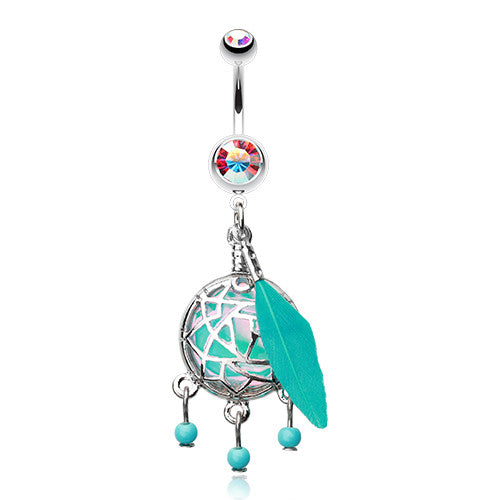 Turquoise Opal Dream Catcher Belly Bar - Dangling Belly Ring. Navel Rings Australia.