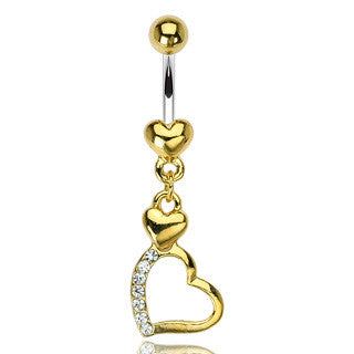Puffed Heart Belly Button Ring with Gold Plating - Dangling Belly Ring. Navel Rings Australia.