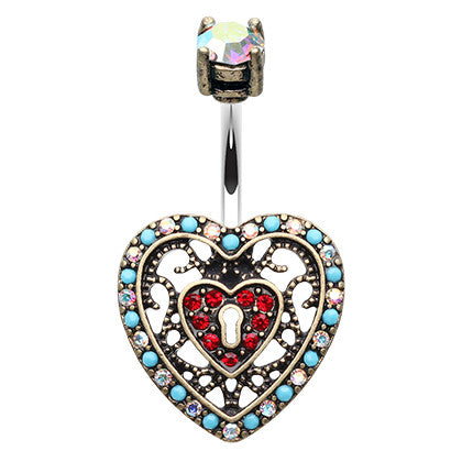 Boho Locked Heart Navel Ring - Fixed (non-dangle) Belly Bar. Navel Rings Australia.