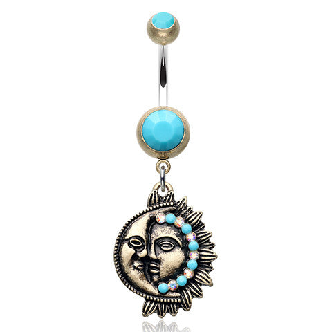 Bohemian Sun and Moon Belly Button Ring - Dangling Belly Ring. Navel Rings Australia.