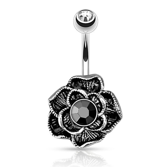 Hematite Vintage Flower Navel Bar - Fixed (non-dangle) Belly Bar. Navel Rings Australia.