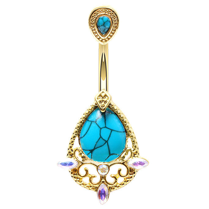 French Pierre Turquoise Belly Piercing - Split Spinal Belly Bar. Navel Rings Australia.