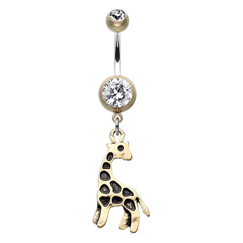 Balinese Giraffe Navel Bar in Brass Gold - Dangling Belly Ring. Navel Rings Australia.