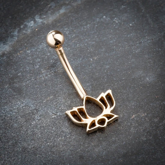 14K White Gold Lotus Flower Belly Bar - Fixed (non-dangle) Belly Bar. Navel Rings Australia.
