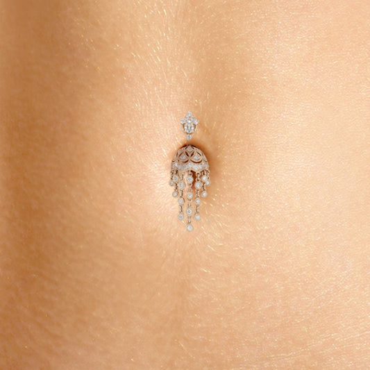 18K Rose Gold Diamond MT Tiara with Parasol Dangle. Belly Rings by Maria Ash - Dangling Belly Ring. Navel Rings Australia.