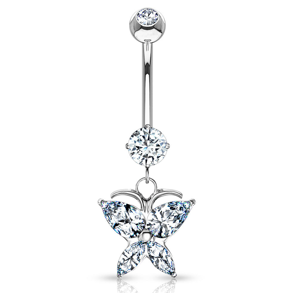 Crystal Winged Butterfly Belly Ring in 14K White Gold - Dangling Belly Ring. Navel Rings Australia.