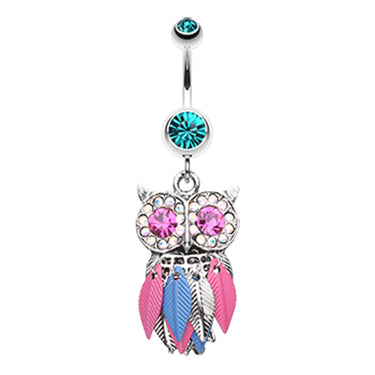 Metallic Feathered Owl Belly Bars - Dangling Belly Ring. Navel Rings Australia.