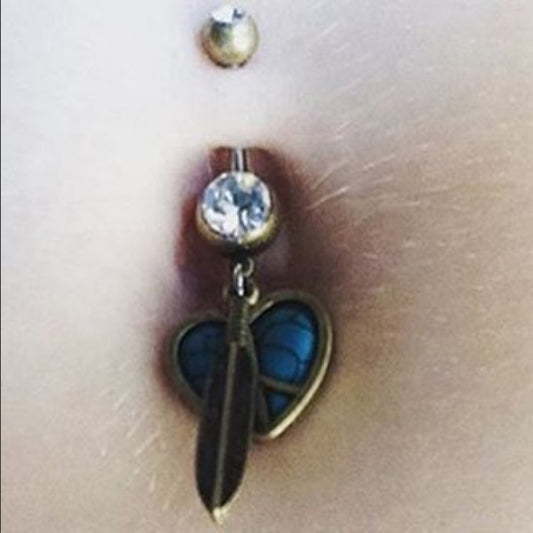 Boho Feathered Heart Belly Button Ring - Dangling Belly Ring. Navel Rings Australia.