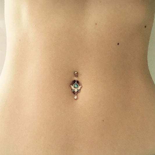 Golden Saraswati Lotus Flower Navel Ring - Dangling Belly Ring. Navel Rings Australia.