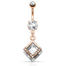 Mounted Diamond Navel Bar with Rose Gold Plating - Dangling Belly Ring. Navel Rings Australia.