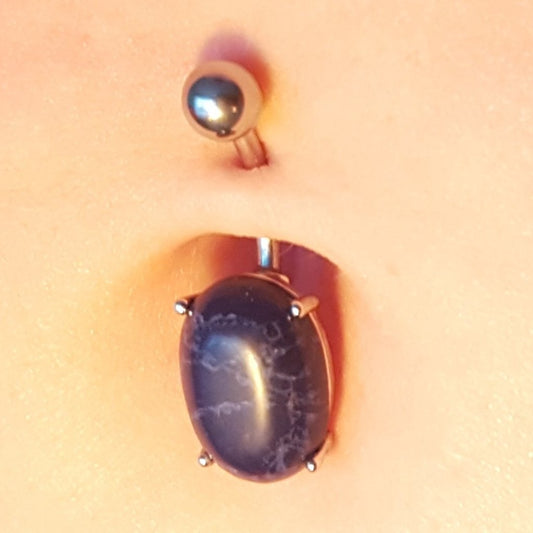 Natural Sodalite Belly Button Ring - Fixed (non-dangle) Belly Bar. Navel Rings Australia.