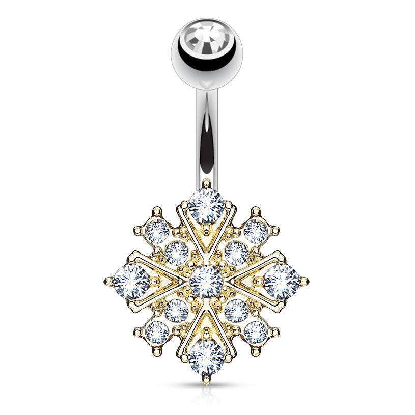 Gem Stacked Snowflake Belly Bar with Gold Plating - Fixed (non-dangle) Belly Bar. Navel Rings Australia.