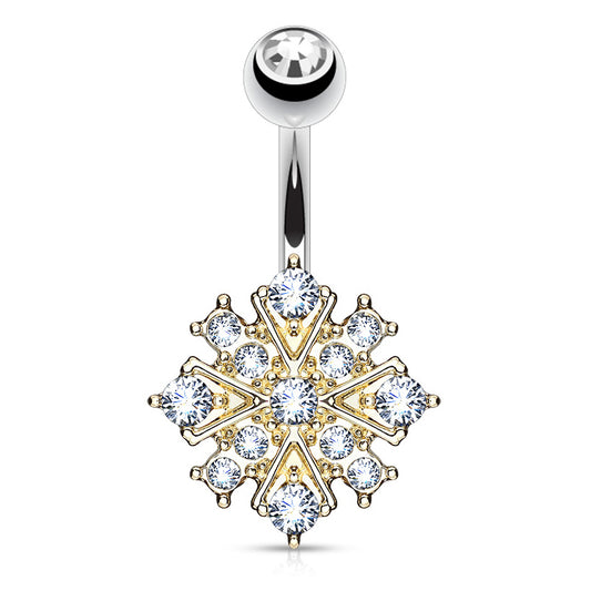 Gem Stacked Snowflake Belly Bar with Gold Plating - Fixed (non-dangle) Belly Bar. Navel Rings Australia.