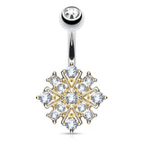 Gem Stacked Snowflake Belly Bar with Gold Plating - Fixed (non-dangle) Belly Bar. Navel Rings Australia.